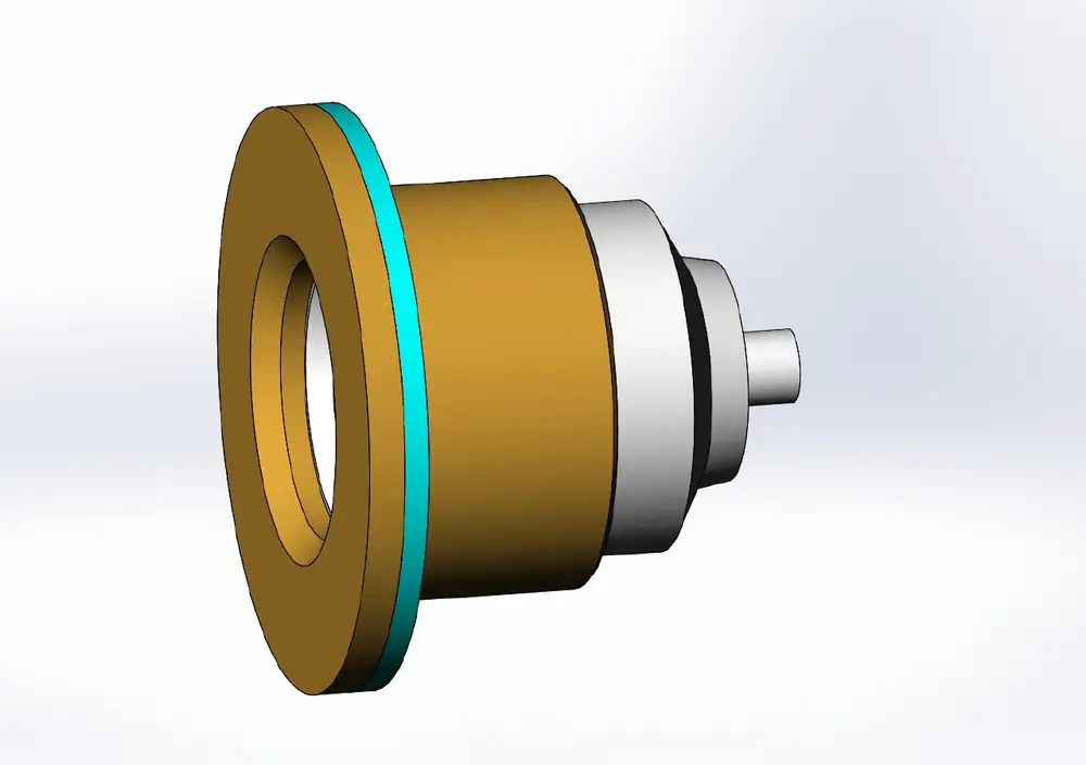 Rückschlagventil von Danfoss mit zylindrischem Design, goldfarbener Oberfläche und transparentem Dichtungsring, auf hellem Hintergrund dargestellt.
